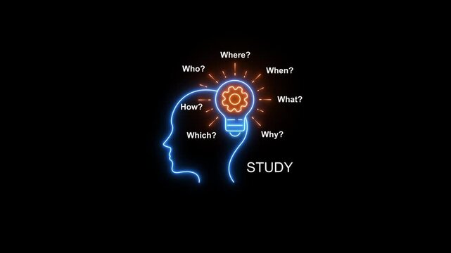 Neon brainstorming concept: human head silhouette with lightbulb idea and analytical questions innovation