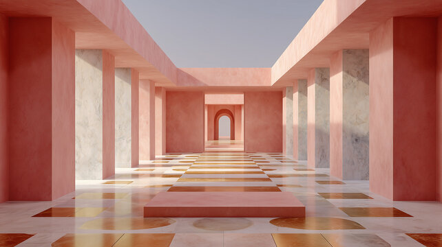 Modern minimalist patio with pink columns, tiled marble floor and podium display.