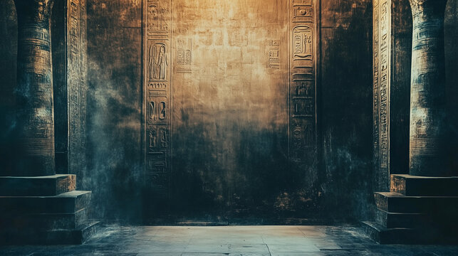 Mystic interior of an Egyptian tomb with stone walls, hieroglyphs and foggy air.