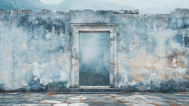 Ancient stone portal gateway in a weathered blue plaster wall overlooking misty hills.