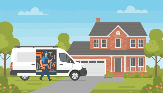 Maintenance worker stands beside a utility van filled with tools in front of a brick house to represent professional home repair and property service experts.