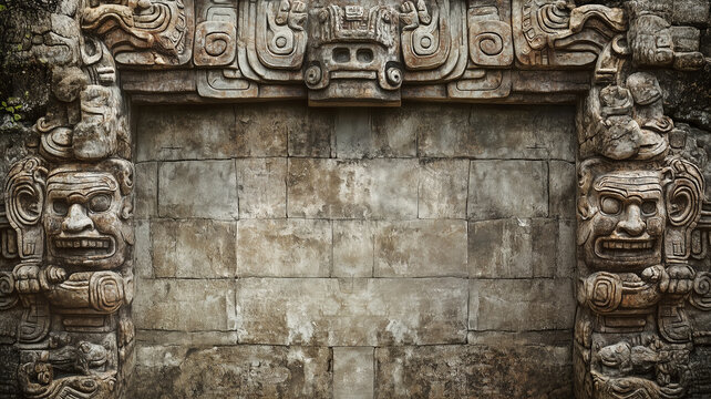 Ancient Mayan stone gate structure with detailed face carvings and empty center wall.