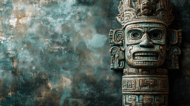 Ancient Mayan or Aztec stone totem idol statue against a textured grunge wall.