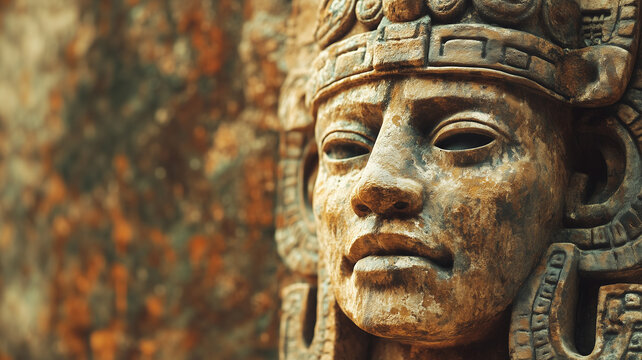Close up of an ancient Mayan stone face sculpture with detailed carvings and bokeh.