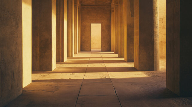 Ancient temple interior hallway with classical stone columns and warm sunlight.