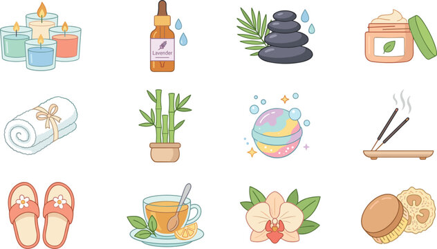Spa and Wellness Icon Set Featuring Aromatherapy Candles Essential Oil Stacking Stones Face Cream Rolled Towel Bamboo Bath Bomb Incense Slippers Herbal Tea Orchid and Loofah