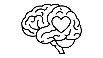 Brain with Heart Symbol: A minimalist line drawing depicts a human brain with a stylized heart nestled within its frontal lobe, symbolizing the connection between intellect and emotion.
