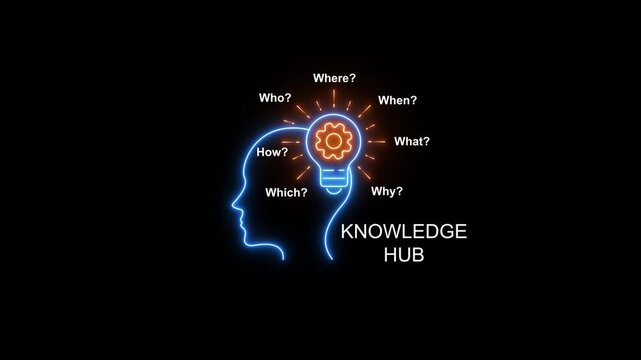 Knowledge hub neon sign animation: human head with lightbulb gear concept for learning and innovation
