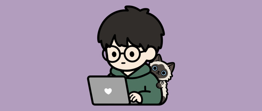 Cartoon Boy with Glasses Working on Laptop with Siamese Cat on Shoulder, Cute Character Illustration