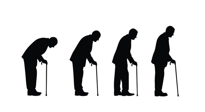 A series of silhouettes depicts the progressive stages of aging in a male figure