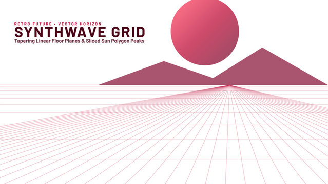 Synthwave grid perspective background with retro sunset, geometric mountains, and 80s futuristic vector horizon elements