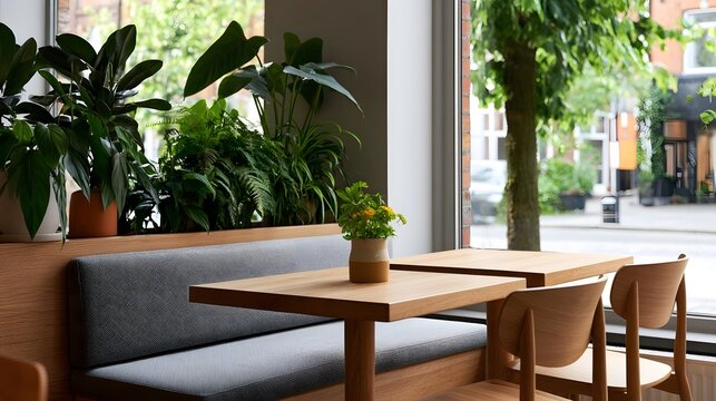 A cozy wooden table and chairs sit beside a window overlooking greenery  framed by lush indoor plants