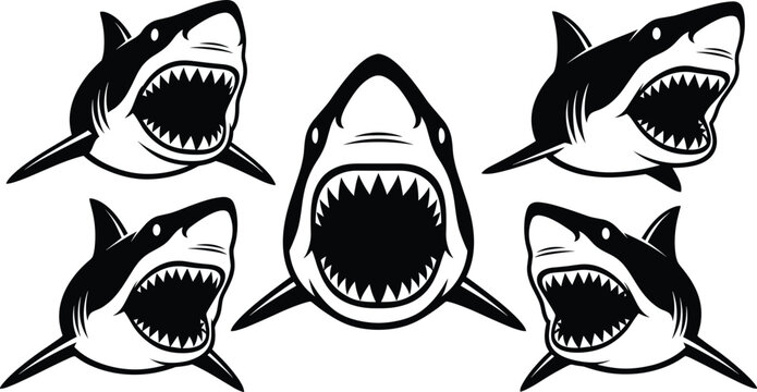Aggressive Shark Head Silhouette Vector Set with Open Mouth and Sharp Teeth