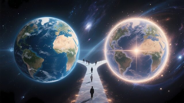 Two Diverging Earths Representing Collective Consciousness and Human Choice &ndash; Spiritual Illustration
