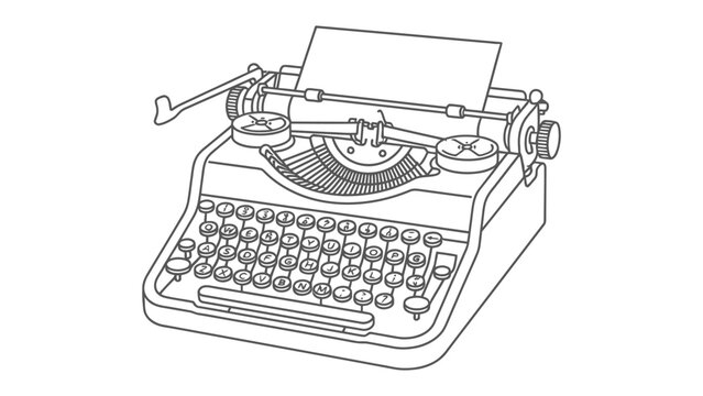 Vintage Typewriter Illustration: A classic manual typewriter, detailed in a clean line drawing style, sits ready to type on a clean background.