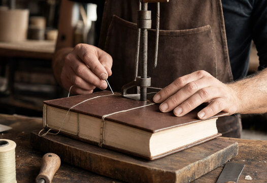 Bookbinder uses a press to hold a leather-bound book steady while sewing its pages on a workbench.