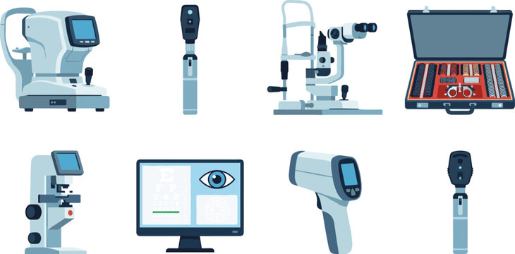 Flat Vector Set of Ophthalmology and Eye Examination Medical Equipment and Vision Testing Instruments