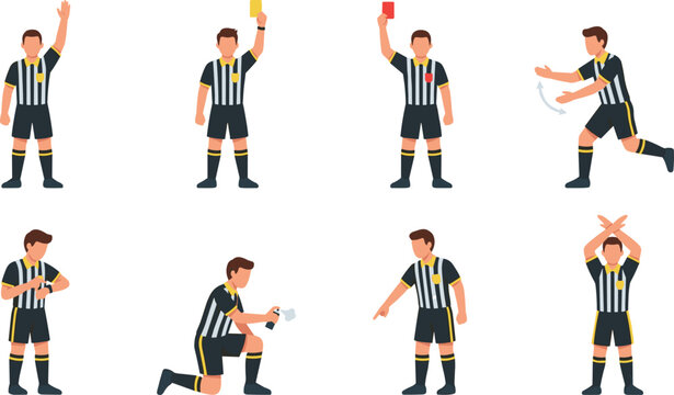 Soccer Referee Hand Signals and Match Officiating Gesture Set Flat Vector Illustration