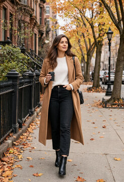 Stylish woman wearing a long coat and black pants walks down a tree-lined street in autumn, holding a coffee cup.