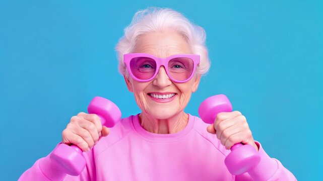 Cheerful senior woman exercising with pink dumbbells against blue background. Lockdown medium shot.