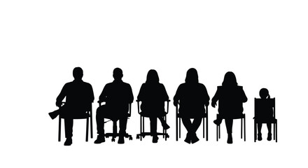 Silhouettes of a family including children and adults are seated on individual chairs