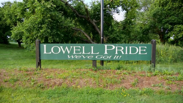 Ground Level View of Lowell Pride Sign in Lowell Massachusetts