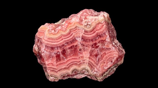 Concentric pink layers of a rhodochrosite crystal mirror the deep, enduring strata of emotional healing and timeless love, isolated against darkness.