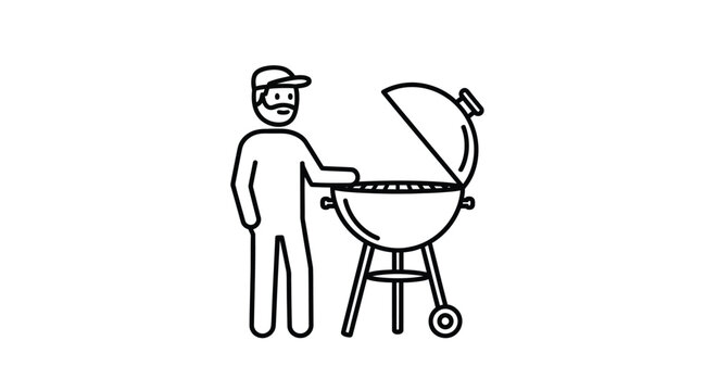 A simple line drawing depicts a man grilling outdoors with a portable barbecue