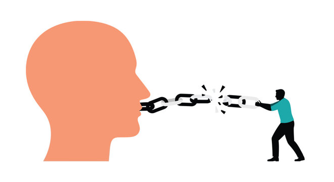 A silhouette of a man breaking chains emanating from a large orange head outline
