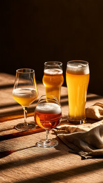 Beer tasting flight with four craft beer styles served in elegant glasses on a rustic wooden table