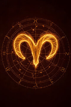 Fiery Golden Aries Astrology Symbol and Celestial Constellation Chart Illustration