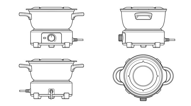 Fondue Pot Kitchen Equipment Technical Drawing Blueprint with Front Side Back and Top Views CAD Line Art Vector Illustration
