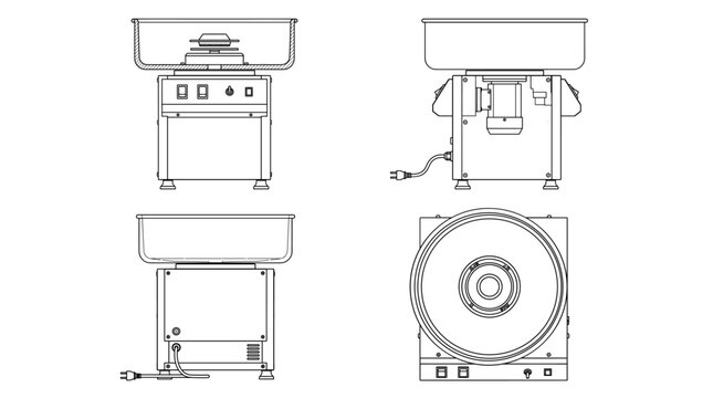 Cotton Candy Machine Kitchen Appliance Technical Drawing Blueprint with Front Side Back and Top Views CAD Line Art Vector Illustration