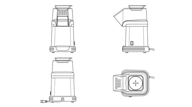 Popcorn Maker Kitchen Appliance Technical Drawing Blueprint with Front Side Back and Top Views CAD Line Art Vector Illustration