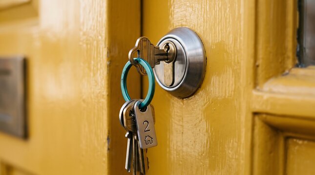 Brass key inserted in deadbolt lock of yellow wooden door, bunch of house keys hanging from lock cylinder, home security and real estate concept