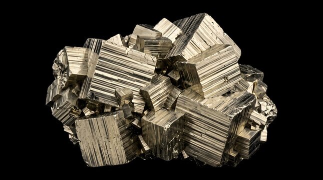 Golden cubic pyrite crystals interlocking in raw harmony, a compelling metaphor for geometric perfection and the deceptive nature of superficial wealth.