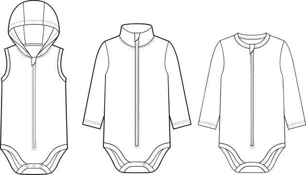 Selection of long sleeve baby bodysuits and a hooded vest in minimalist flat fashion illustration
