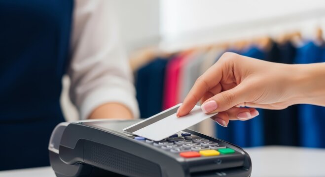 Woman paying with credit card at pos terminal in clothing shop. Customer transaction using contactless payment machine. Retail service, shopping and modern finance banking concept.