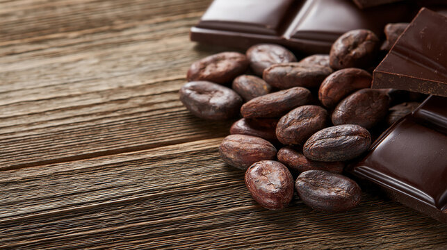 Dark chocolate bars with roasted cocoa beans on rustic wooden table with natural copy space