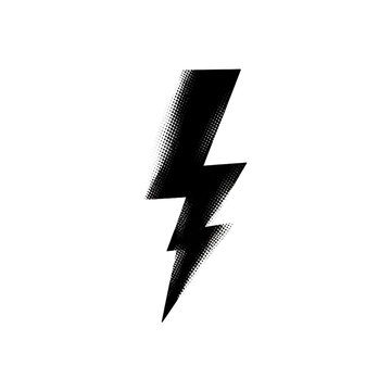 Black lightning bolt icon with dot halftone pattern texture isolated as PNG