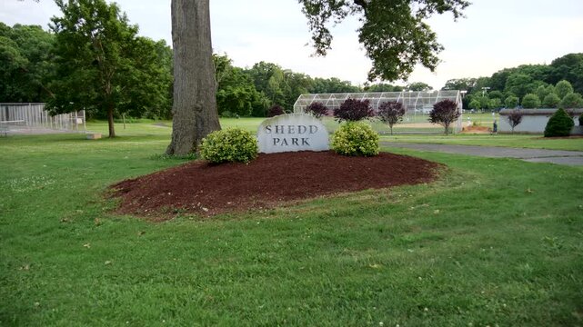 Ground Level View of Shedd Park Sign in Lowell Massachusetts