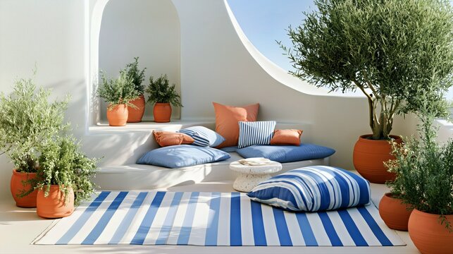 Mediterranean terrace lounge with striped rug floor cushions potted olive plants and curved white walls for relaxed summer decor branding.

