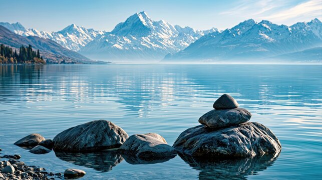Calm turquoise alpine lake with smooth rocks mountain reflections snow peaks and serene blue scenery for travel branding and wall art.

