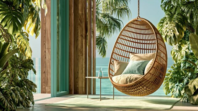 Tropical hanging rattan chair by an open seaside doorway framed with palm foliage and warm natural light for resort lifestyle branding.

