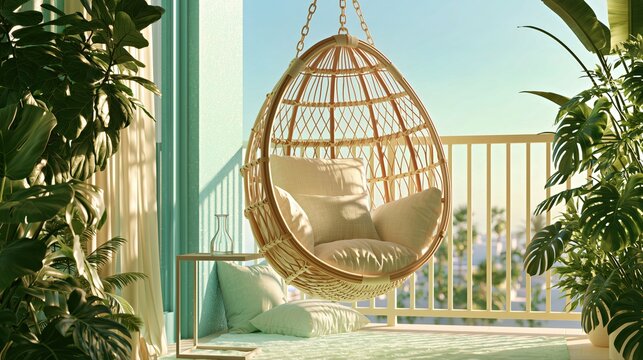 Woven hanging egg chair on a sunlit tropical balcony with lush green plants soft cushions and serene coastal resort styling for travel branding.

