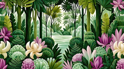 Obraz premium Lush tropical garden landscape with layered green foliage white blossoms and soft purple flowers for wallpaper branding and decor design.