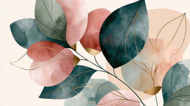Watercolor eucalyptus leaf composition with translucent pastel circles and gold line accents for elegant branding and wall art.

