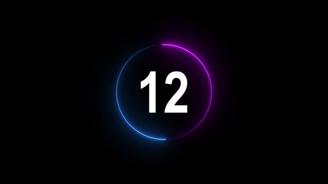 A dynamic circular animation, and glowing count neon number 12 animation . on a black background.Motion graphics of concept