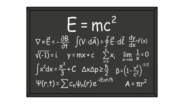 Mathematical Formulas on Chalkboard: A dark chalkboard displays a collection of complex scientific and mathematical equations, including E=mc&sup2;, integral calculus, and fundamental constants.