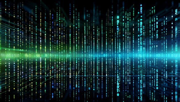 high detail grid of bright green and blue binary code characters on black background dynamic digital display for virtual reality technology and data visualization projects